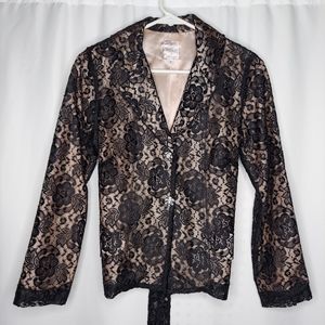 Six Degrees Lace Blazer Jewel Button Belted‎ Tie Black Lined Vneck Collar Small